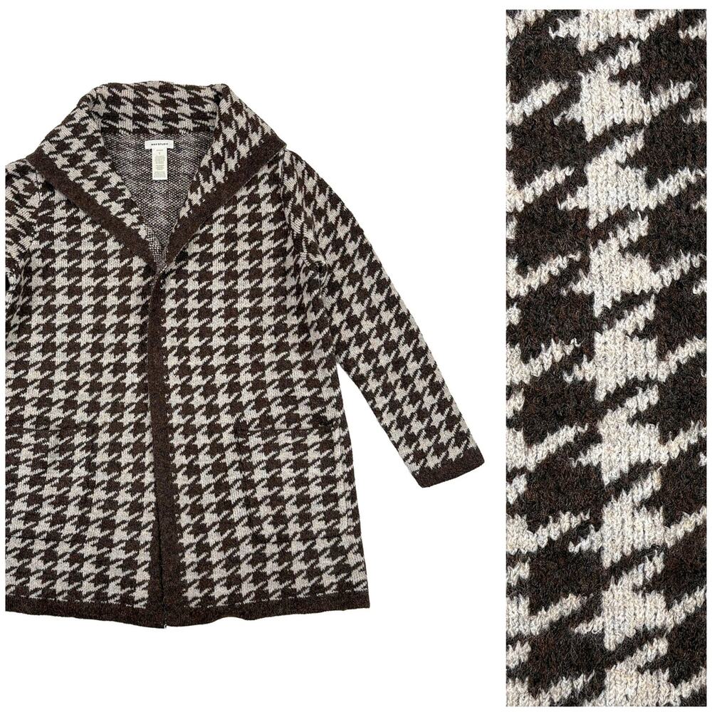 Max Studio Houndstooth Cardigan Womens S Brown Open Front Long Pockets Retro Mod